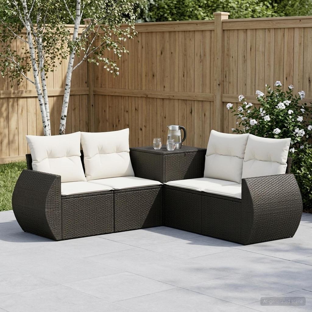 Sofa Set 5 pcs. Black and Cream White Poly Rattan and Steel