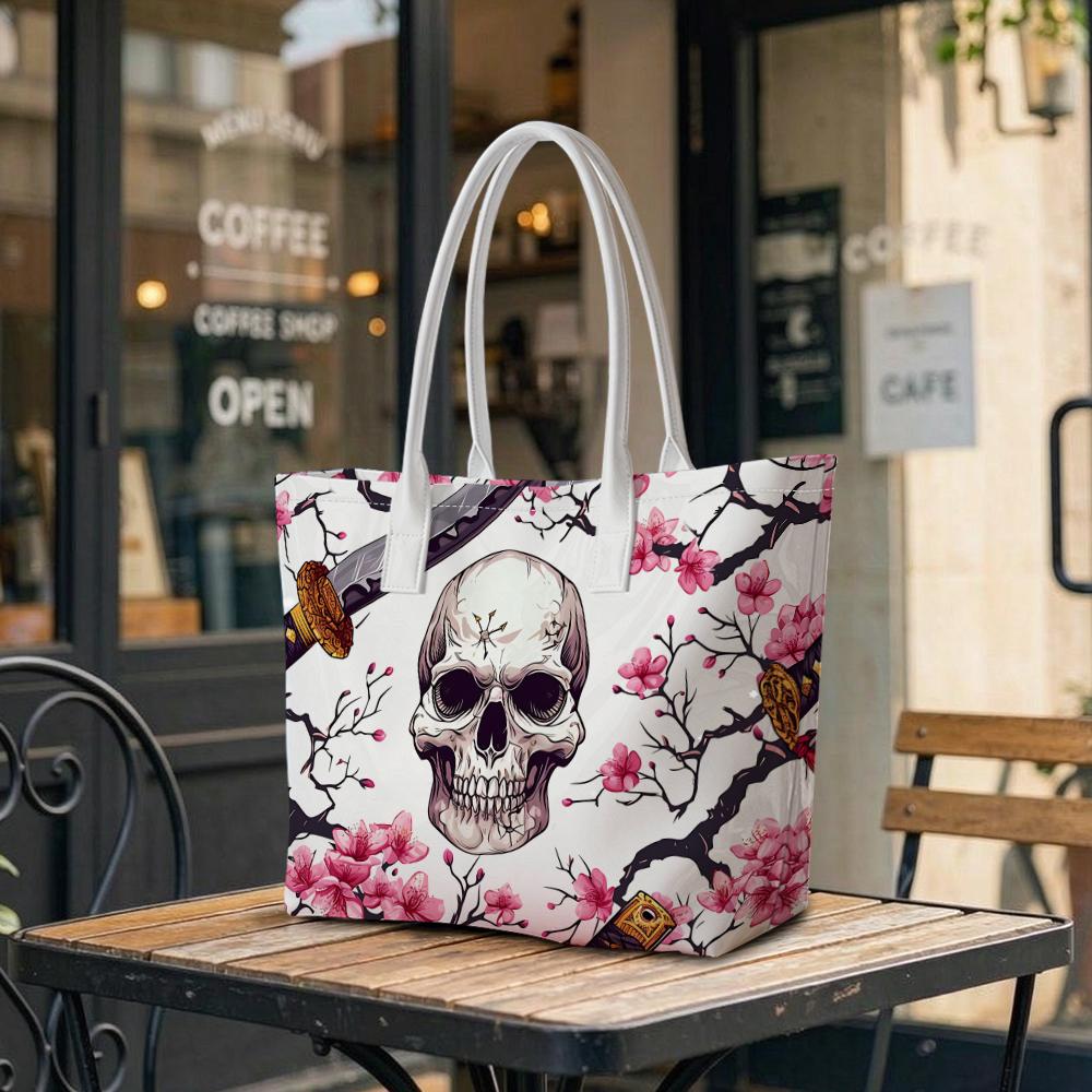 Skull Cherry Blossom Print Fashion Casual Large Capacity Outdoor Daily Top Handle Tote Bag