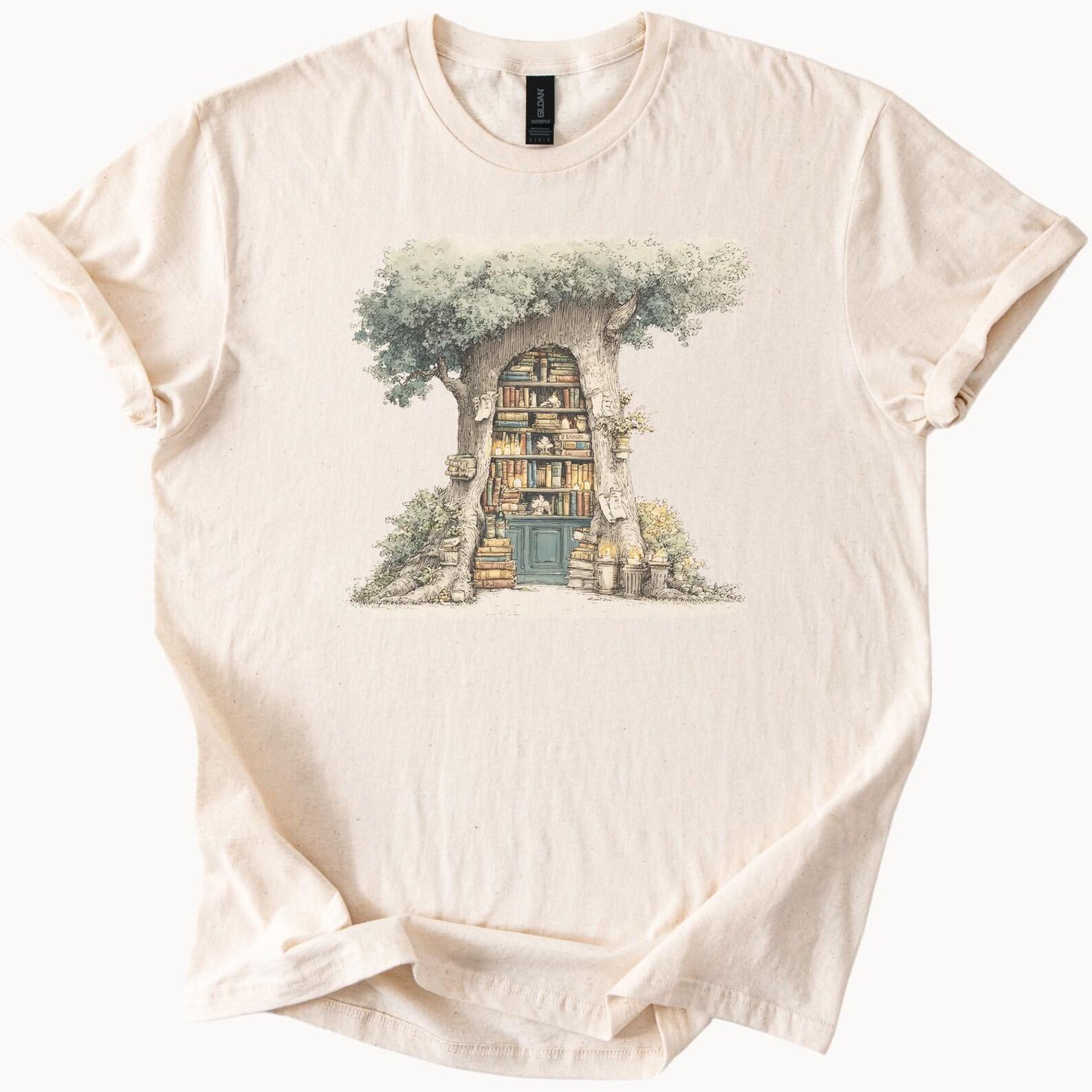 Book Tree Shirt Fantasy Library Treehouse T Shirt Book Lover Reading Gift Graphic Tee Nature Bookshelf Shirt Bookworm Literary Apparel 140