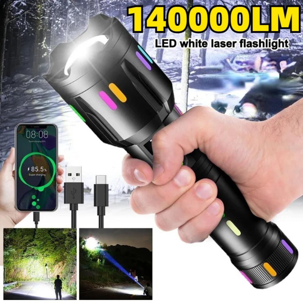 White Laser LED Flashlight Type-C Rechargeable 26650 Battery Waterproof Torch Camping Lantern Hand Lamp Outdoor