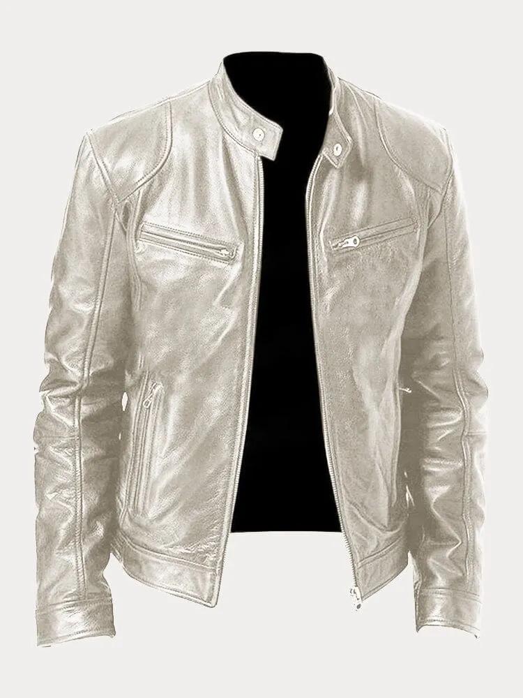 

2024 Men s Slim Fit Stand Collar PU Leather Jacket with Double Zipper 3XL срібний