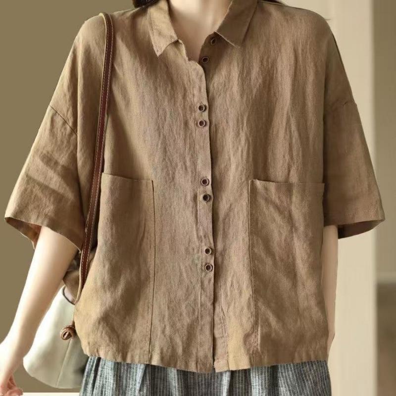 Womens Linen Cotton Button Up Blouse Casual Short Sleeve Pocket Shirt
