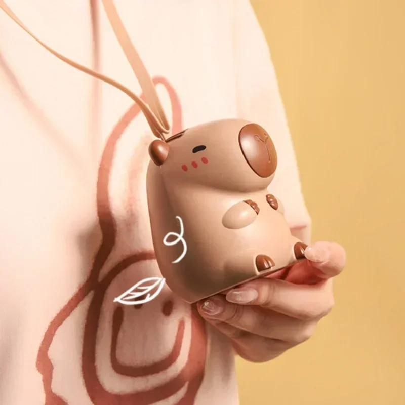Cute Capybara Handheld Fan USB Rechargeable Mini Neck Hanging Fan Portable Cooling Fan for Kids Travel Gift Cartoon Design