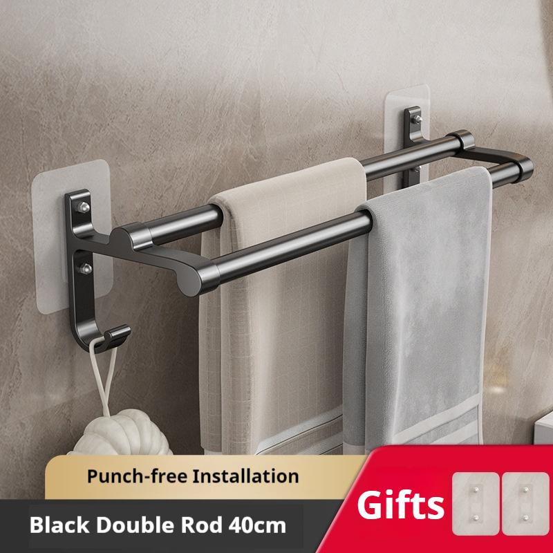 Bathroom Towel Holder No-Drill Towels Rack With Hooks Wall Mounted Towel Bar Bathroom Organizer Self-Adhesive Towel Rail