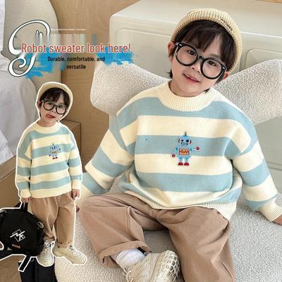 Kinder Herbst Gestreifter Cartoon Rundhals-Pullover