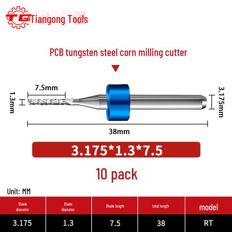 

Фреза кукурудзяна Tiangong з вольфрамової сталі з ЧПУ, 3,175 мм фіксований хвостовик, твердосплавний інструмент для чорнової обробки друкованих плат.