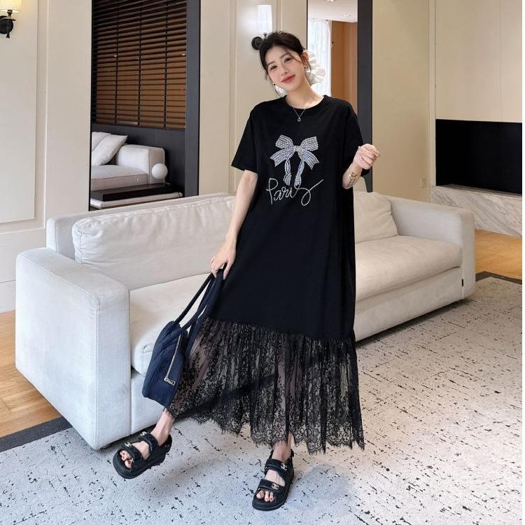 Premium Niche Lace Splicing T-shirt Dress Women's Super Hot Good-looking Loose Casual and Thin Age-reducing Fishtail Dress
