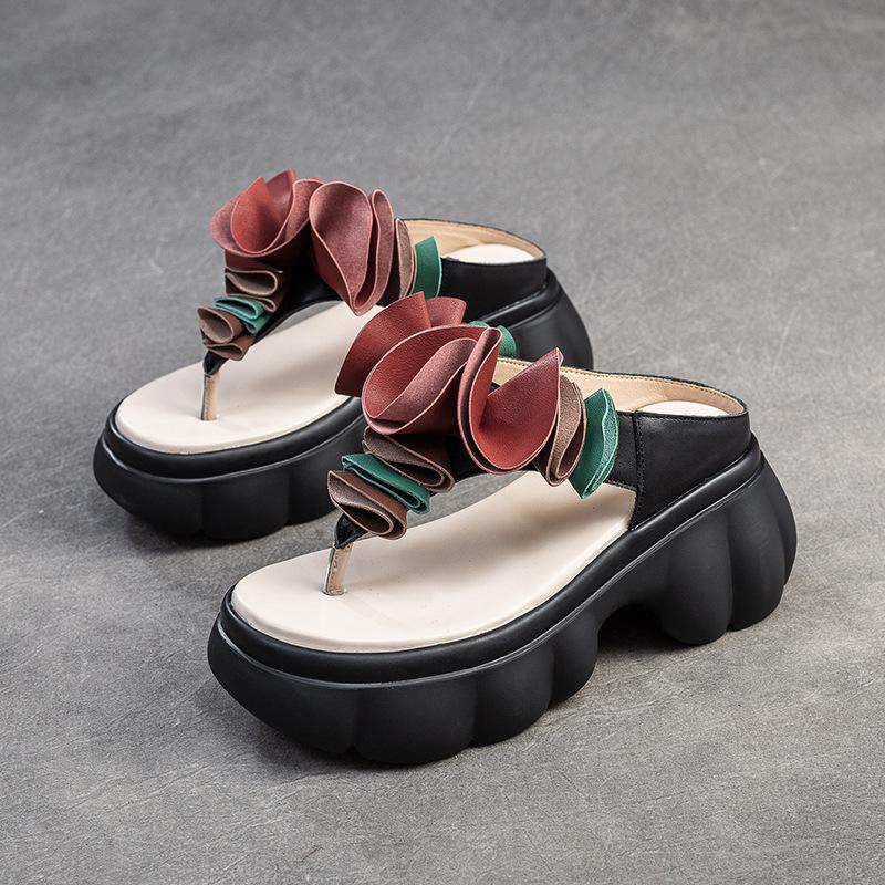 

Johnature модные тапочки с цветочным принтом на толстой подошве, уличные шлепанцы из натуральной кожи, женская обувь на платформе в стиле ретро 39 чёрный