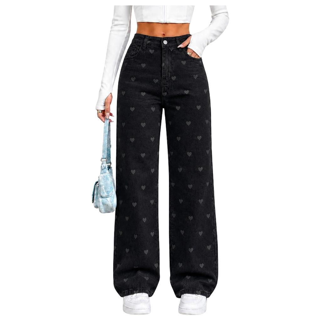 Jeans da Donna a Vita Alta Elasticizzati Slim Fit a Gamba Larga con Fantasia a Cuori per Uso Casual Quotidiano