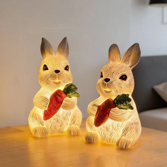 Resin Bunny Figurine Light Up Bunny Holding Carrot Statue Easter Rabbit Sculpture for Spring Farmhouse Home Table Decor