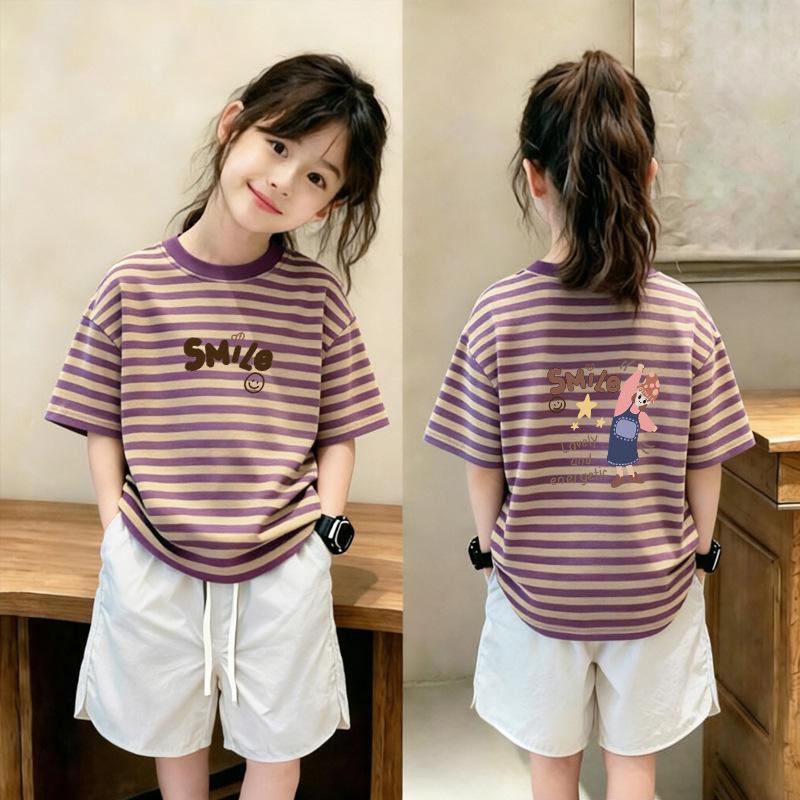 Trendy Striped Short-Sleeve T-Shirt Set for Girls Aged 6-12, Loose Patchwork Summer Top