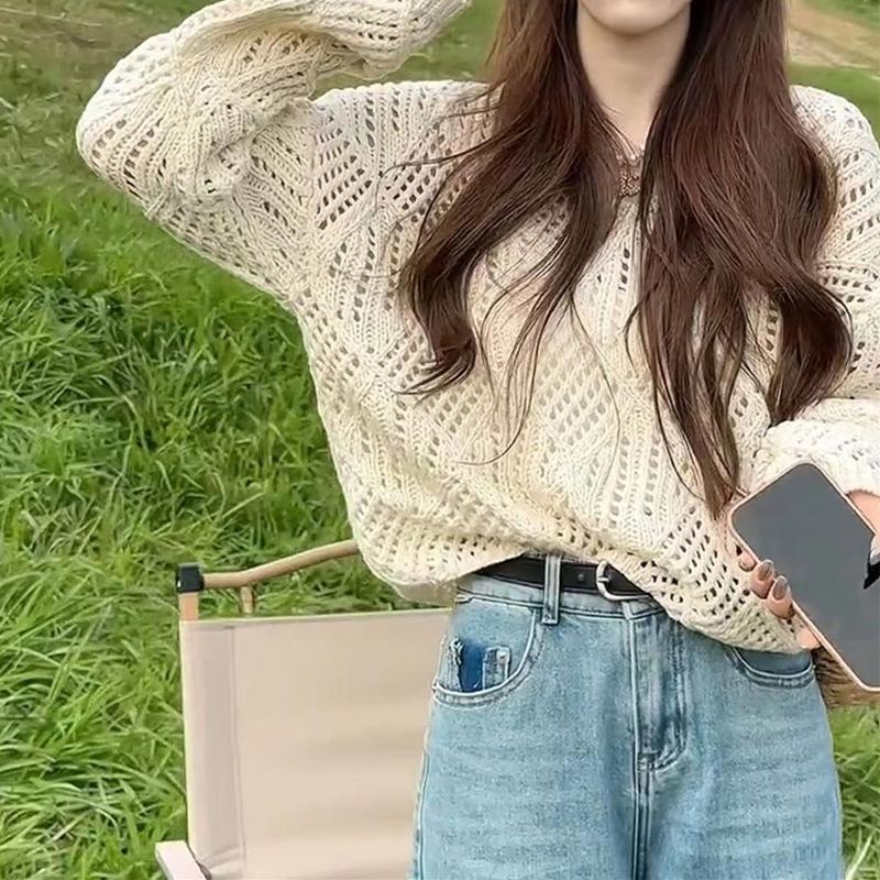 

Hollow knitted sweater women s long-sleeved sweater spring new high-end loose and versatile sunscreen top blouse women One size