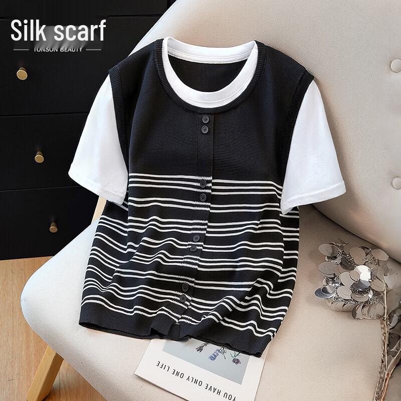 Women s Loose Fit Contrast Stripe Knit T-Shirt One Size