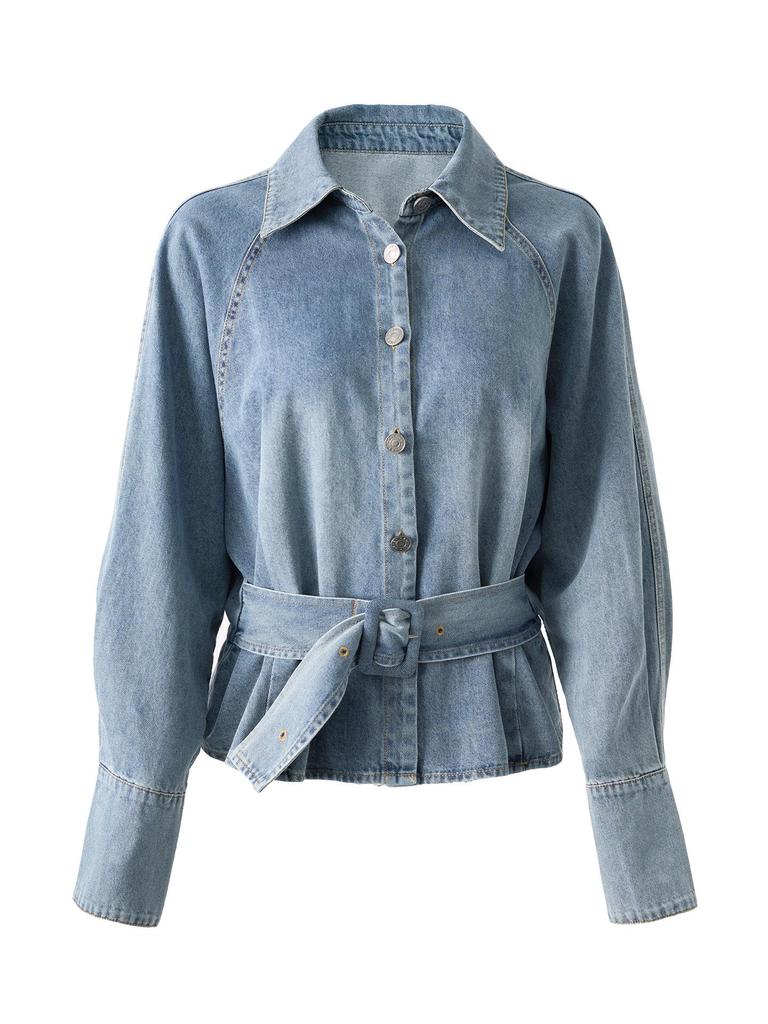 High-Quality Nanyou Retro Bleached Lace-Up Denim Shirt - Early Spring Long-Sleeved Top