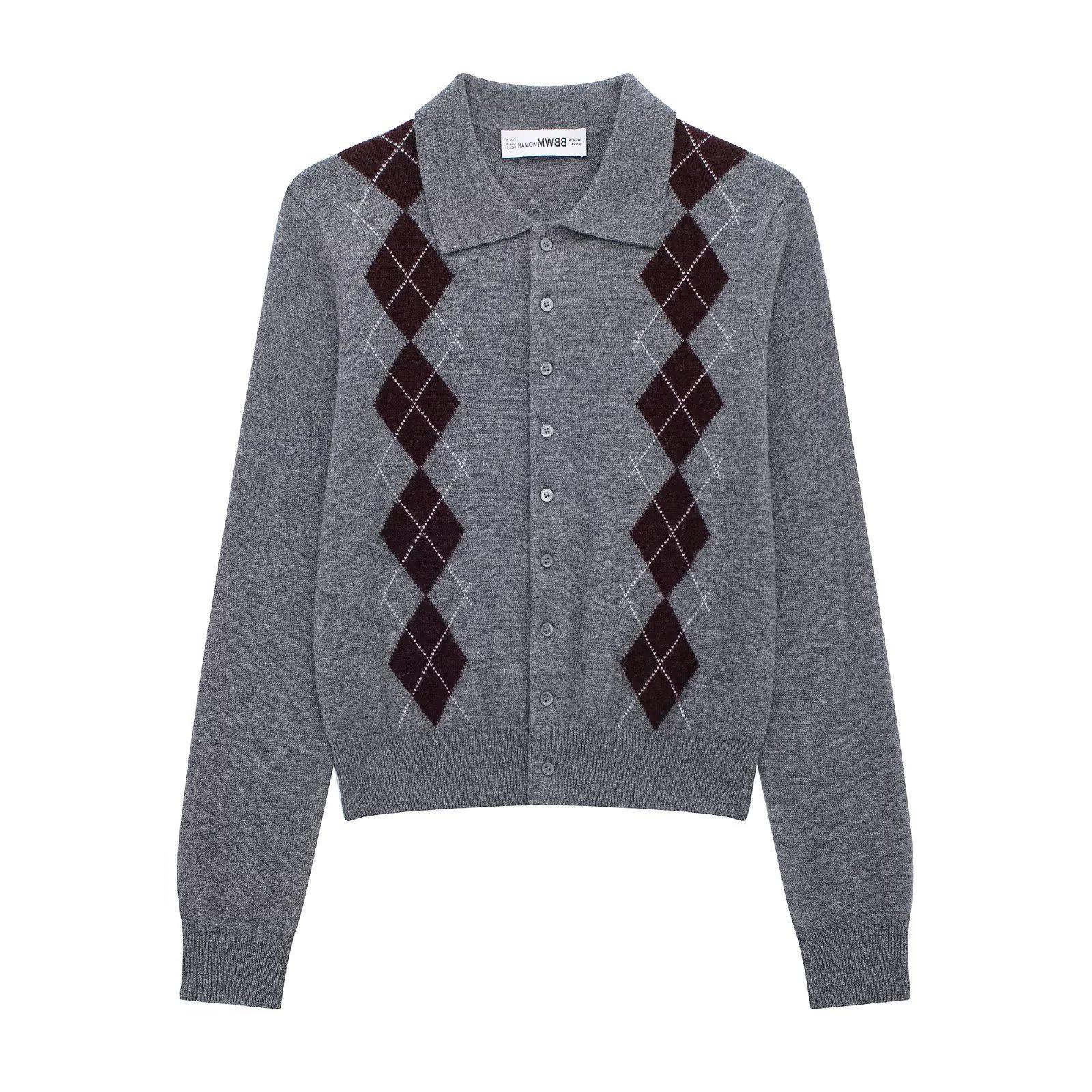 

TAOP&ZA Early Spring Women s Argyle Turn-Down Collar Long Sleeve Knitted Cardigan Small сірий колір