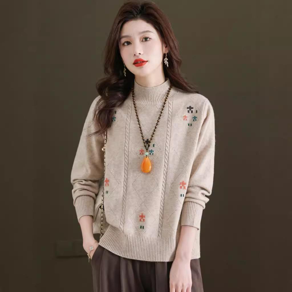 

Красный жаккардовый свитер с полувысоким воротником женский осенне-зимний в западном стиле свободный вязаный базовый свитер XS бежевый