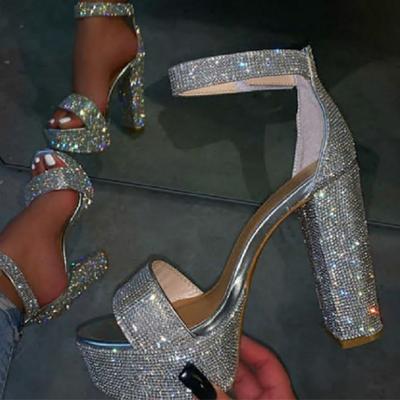 New Fashion Silver Rhinestone Platform Sandals Summer Open Toe Ankle Strap Square High Heels Women Party Wedding Shoes