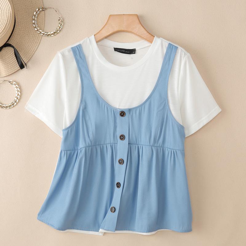 ZANZEA Women Casual Round Neck Summer Short Sleeve Patchwork T-Shirts