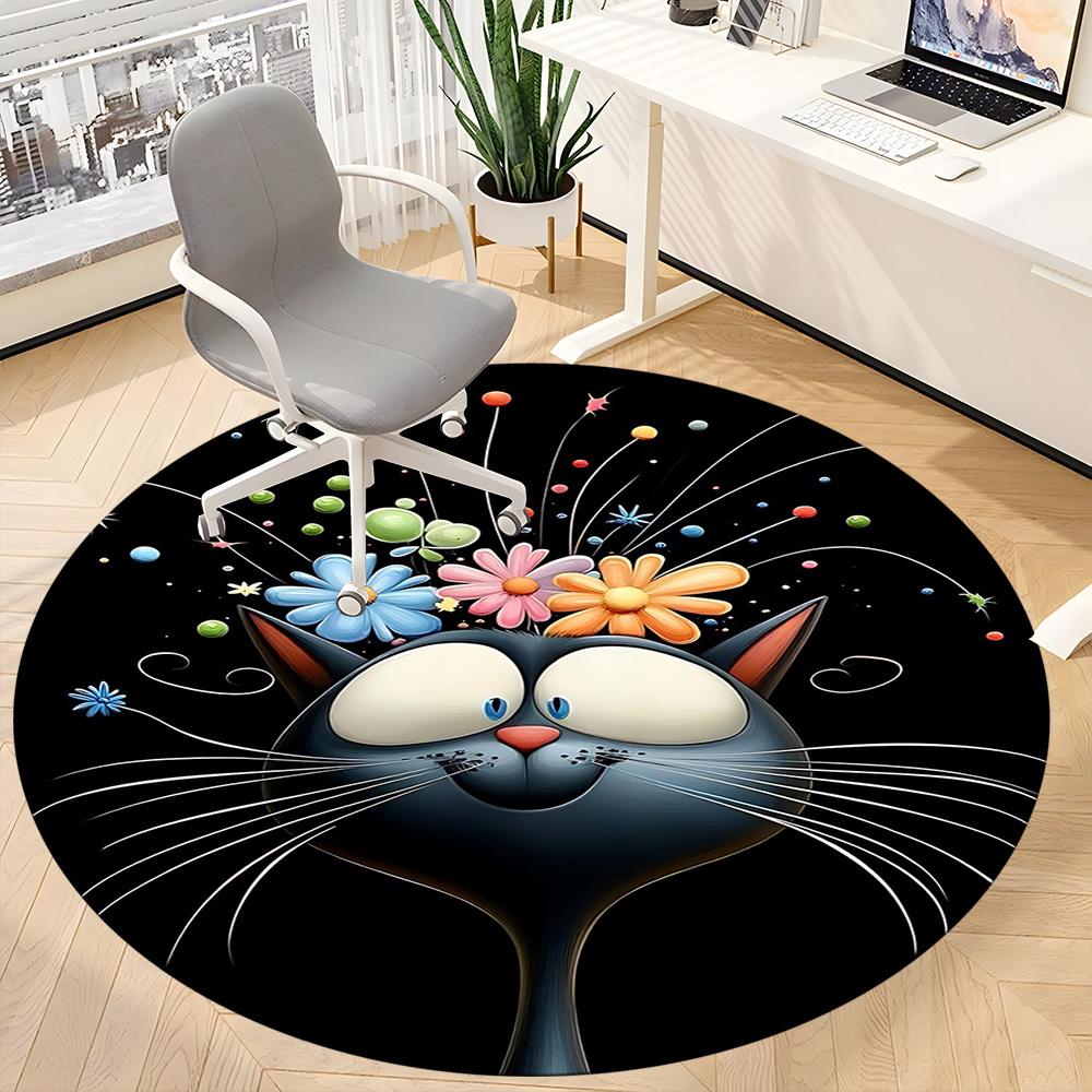 1pc Flower Cat Office Round Area Rug, Under Office Chairs Bedroom Living Room Home Decor, Room Deco, Available in Various Sizes
