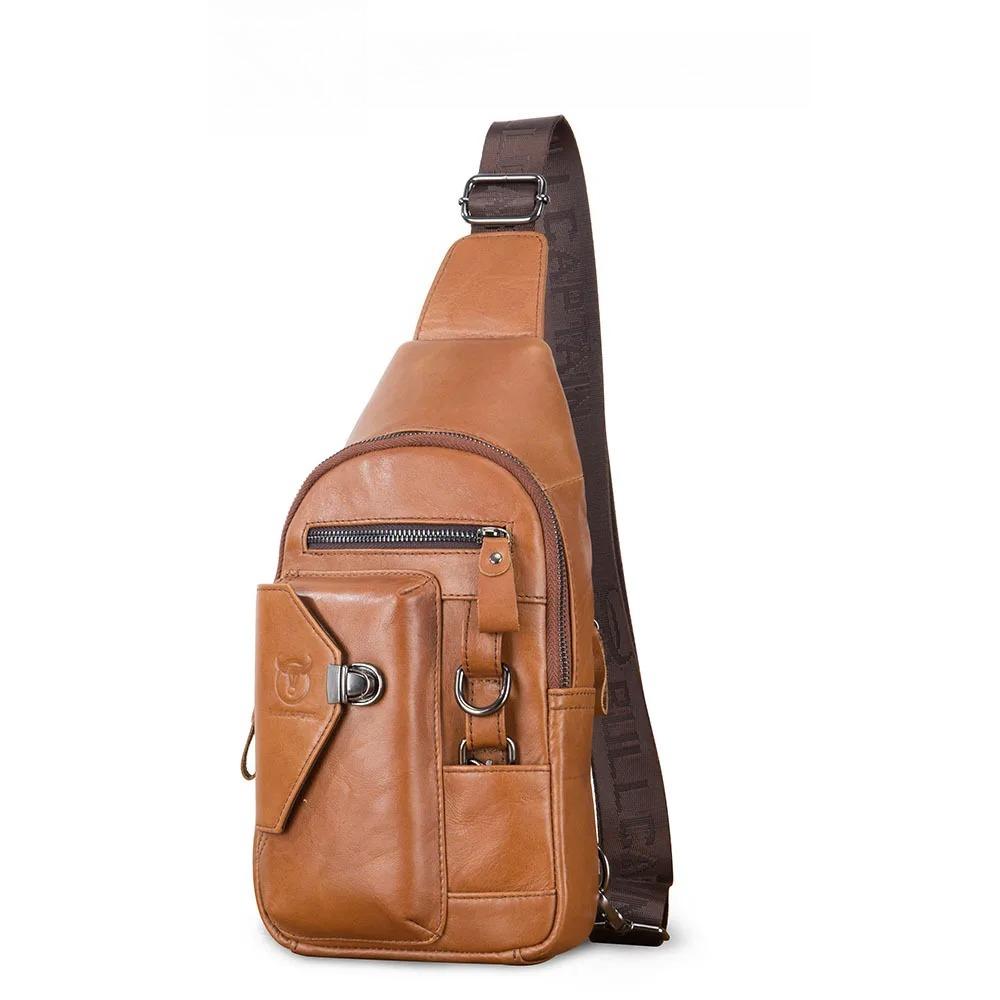 BULLCAPTAIN Men's Genuine Leather Chest Bag Vintage Crossbody Sling Backpack with Phone Holder for Travel Hiking Cycling