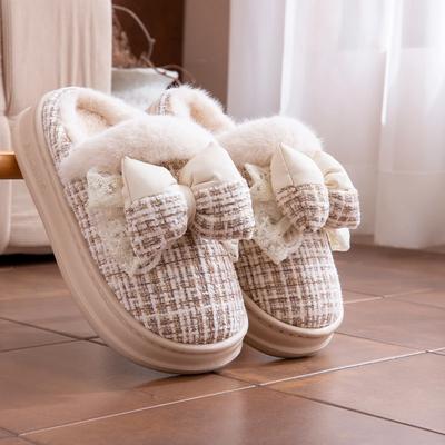 Fashion Platform Fluffy Slippers Women House Flats Cute Bowknot Designer Luxury Winter Shoes Girls Fashion Plush Casual Footwear Elegant