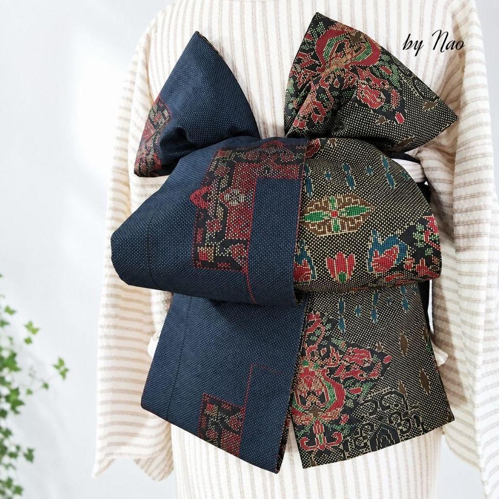 Used Pure silk, Oshima Tsumugi remake, reversible half-width obi, Mikawa obi core, long half-width obi, one-of-a-kind item