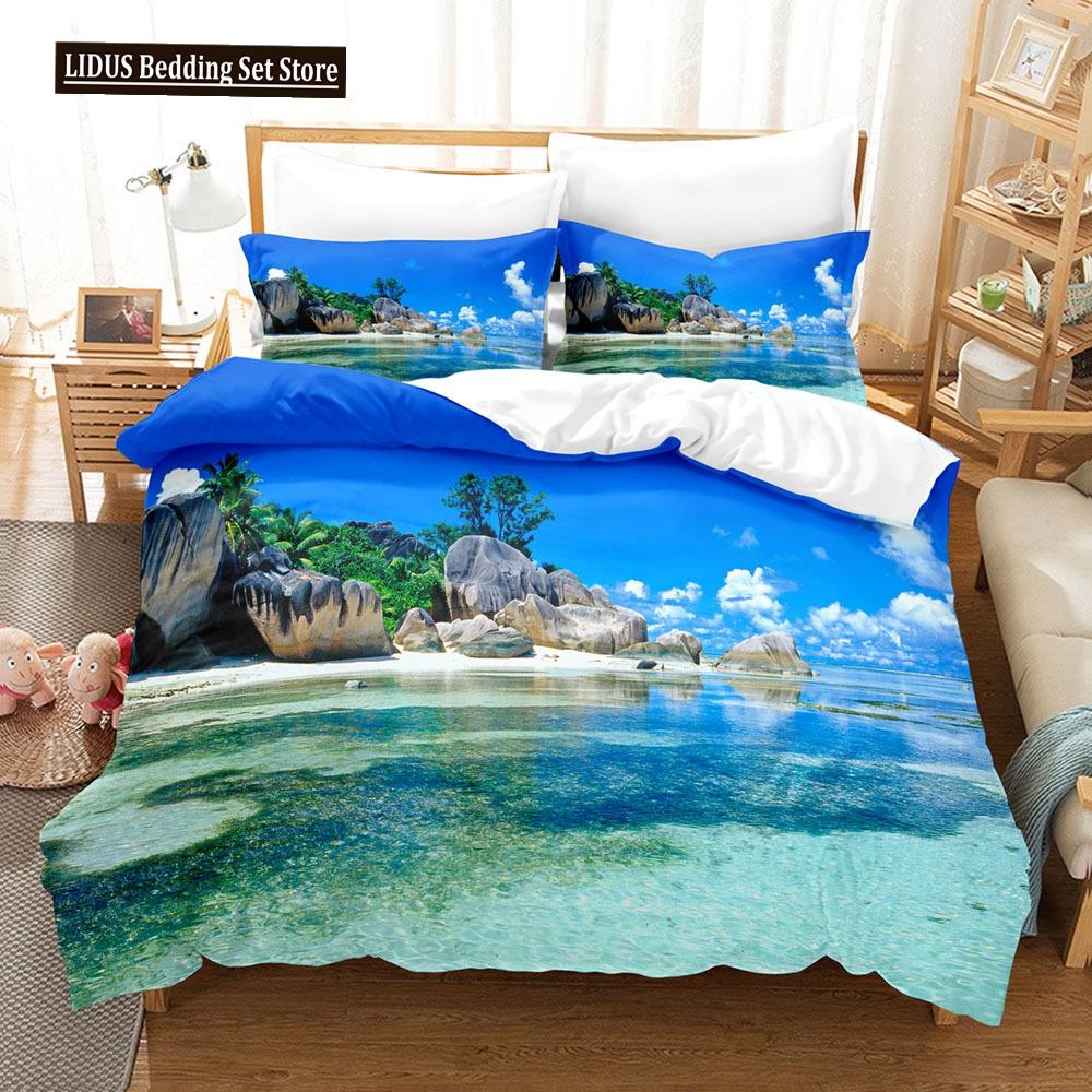 Zestaw Poszwy na Kołdrę Krajobrazowy Rozmiar King Full Letni Palmy Plaża Fale Morskie Motyw Oceaniczny Dla Dzieci Dziewczynka Chłopcy Poliestrowy Zestaw Pościeli