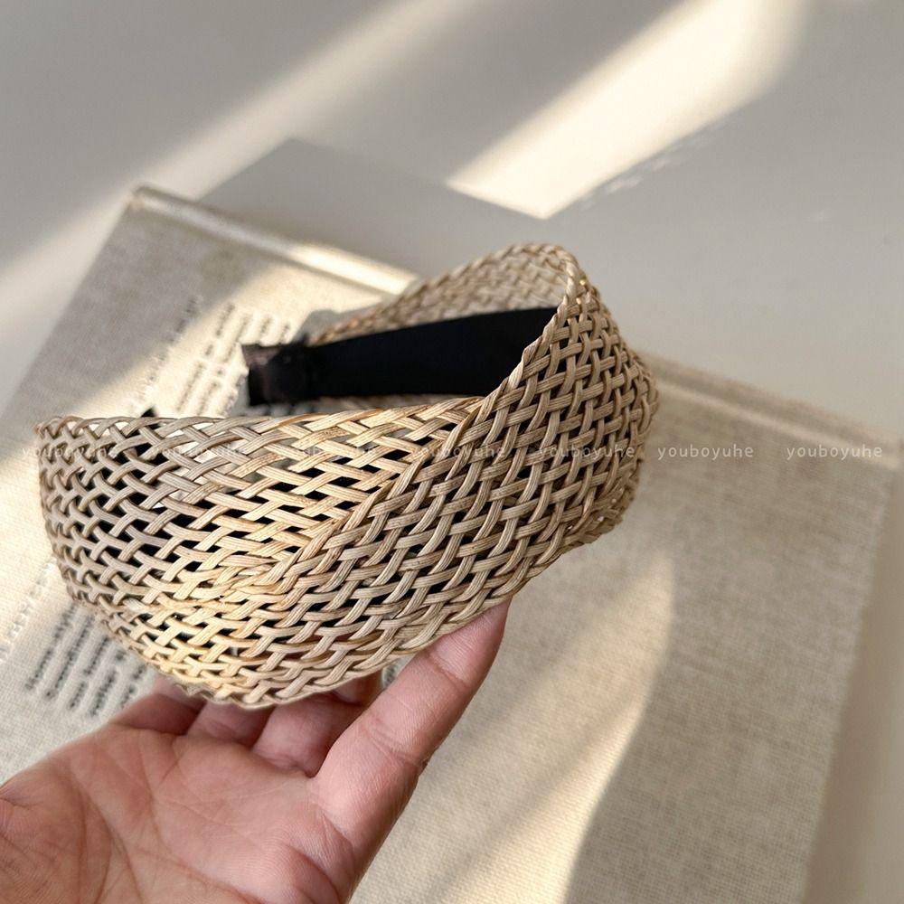 Hollow Wide Edge Hairband Hair Band Bohemian Style Hair Hoop Straw Weave Headband  Daily