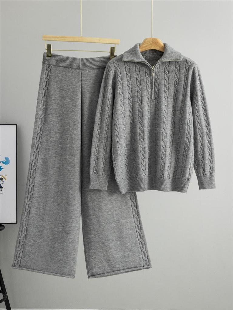 Women's Versatile Autumn/Winter Half-Zip Knit Top and Wide-Leg Pants Set