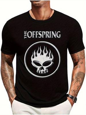 Herren The Offspring offizielles Band-Grafik-T-Shirt schwarzer Totenkopf und Flamme Punk-Design reguläres Rundhals-Kurzarm-T-Shirt