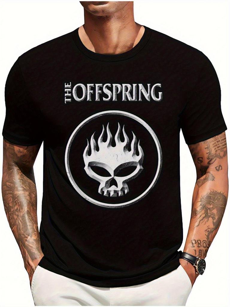 Mens The Offspring Official Band Graphic Tshirt Black Skull and Flame Punk Design Regular Round Neck Short Sleeved Tshirt
