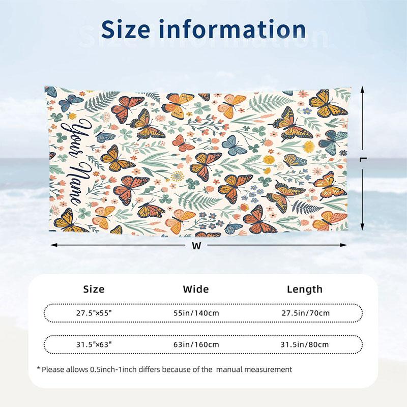 Butterflies Floral Frame Theme Quick Dry Beach Towel Custom Name Text Print Large Sand Resistant Towel Beach Vacation