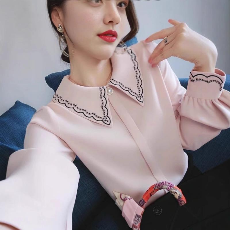 Šifonová košile Dámská s dlouhým rukávem Jaro a podzim Nový styl Vyšívaný design límce Niche styl Univerzální top