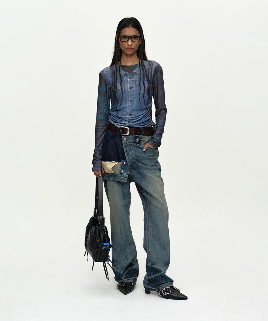 ADSB ANDERSSON BELL Unisex Asymmetric Layered Wide-Leg Jeans Apa871U(Blue)