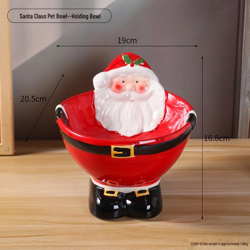 Santa Claus Ceramic Pet Bowl: Elevated Anti-Tip Design with Neck Protection for Cats and Dogs