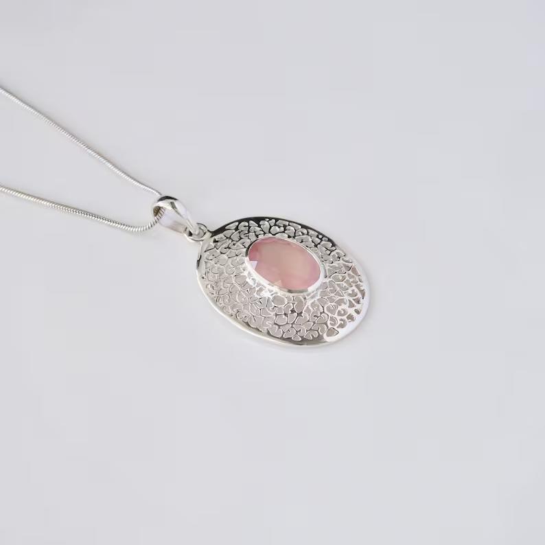 Ciondolo in Quarzo Rosa, Collana Statement, Ciondolo Fatto a Mano in Argento Sterling 925 Per Donna