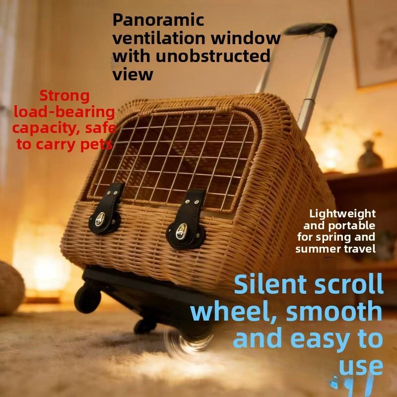 Rattan Woven Cat Ear Rolling Cat Carrier Breathable Escape-Proof Portable Large Capacity Pet Outdoor Travel Trolley for Cats New