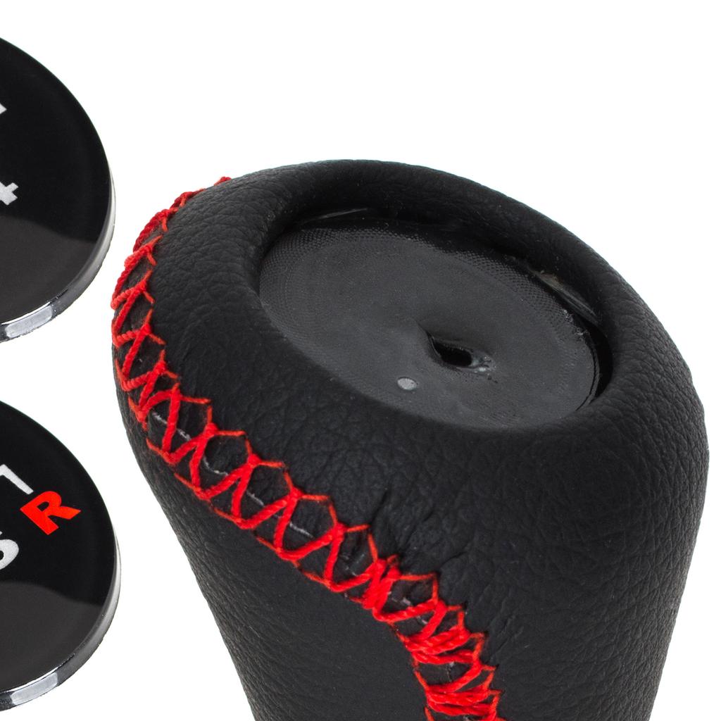 Universal Gear Knob, Black Leather & Chrome with Red Stitching & 5/6-Speed Emblems, Set