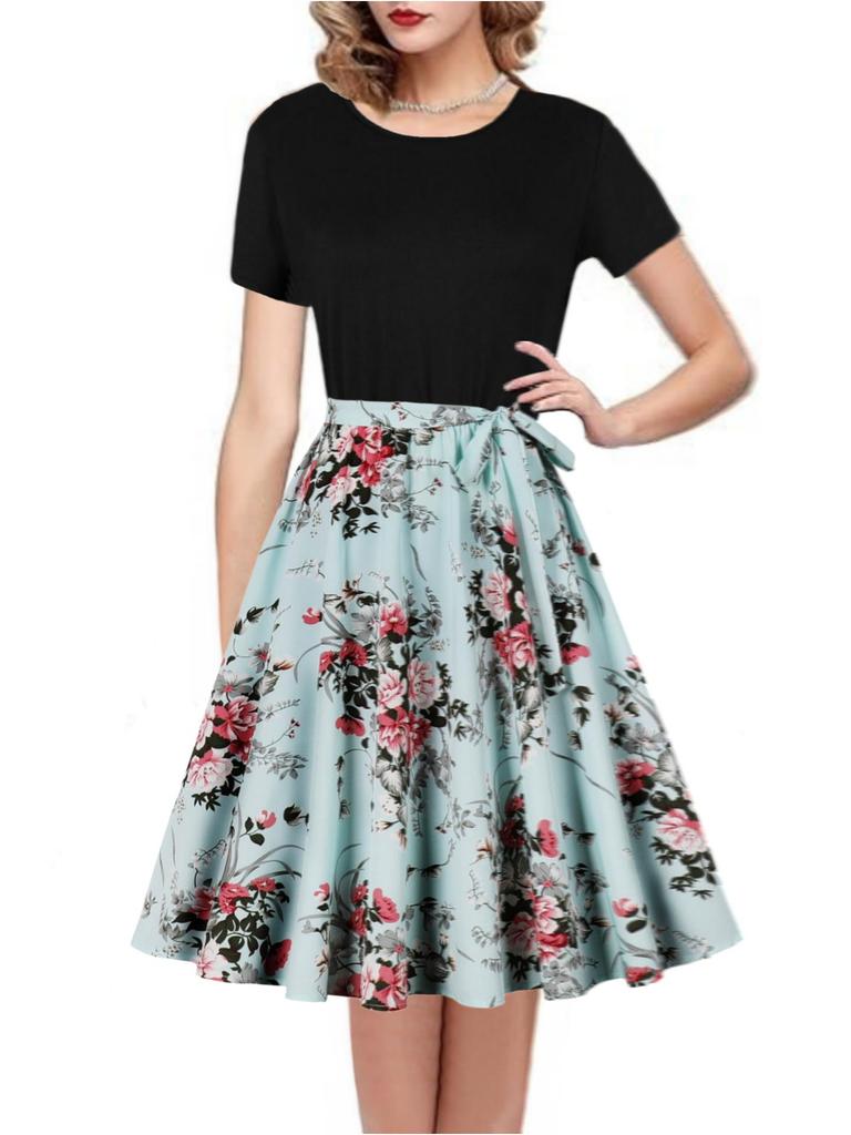 Round Neck Short-Sleeve Printed Dress