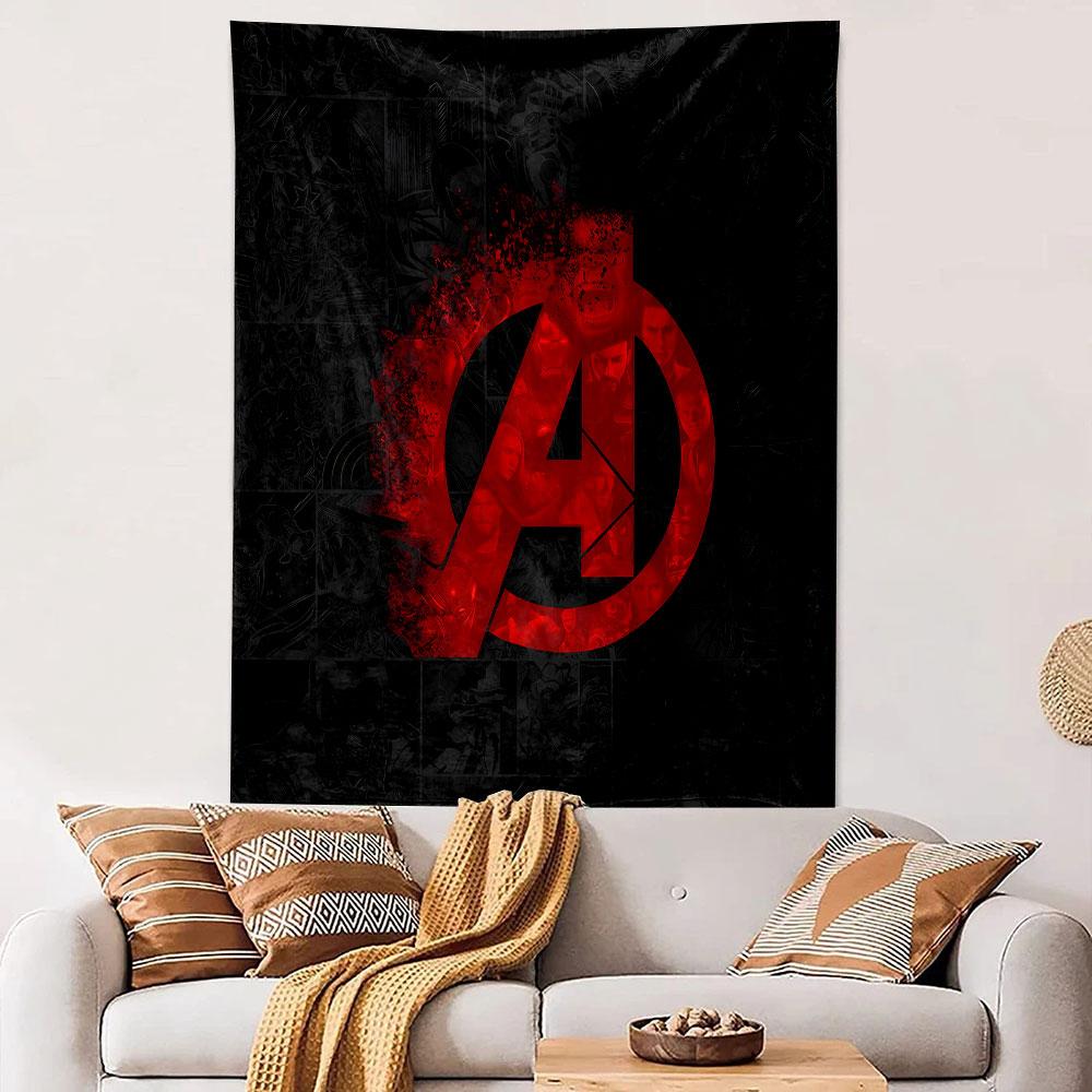 "Red Avengers Logo On Dark Comic Background" Patterned Tapestry Decorative Wall Hanging, Home Bedroom Living Room Decor