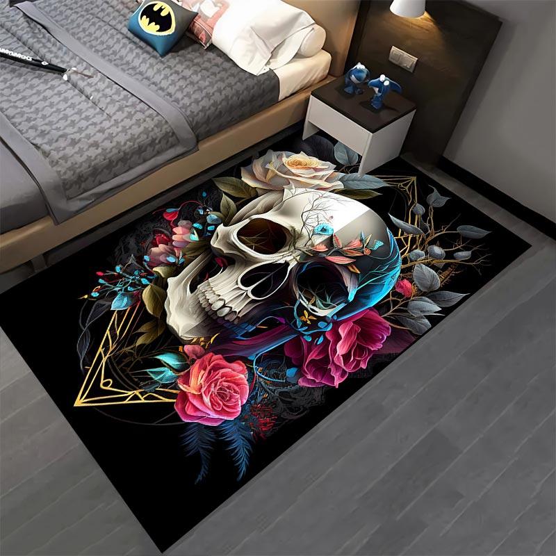 Schädel- und Blumenmuster-Teppich mit Rosen und abstrakten Elementen, geeignet als Antirutsch für Wohnzimmer, Schlafzimmer, Sofas
