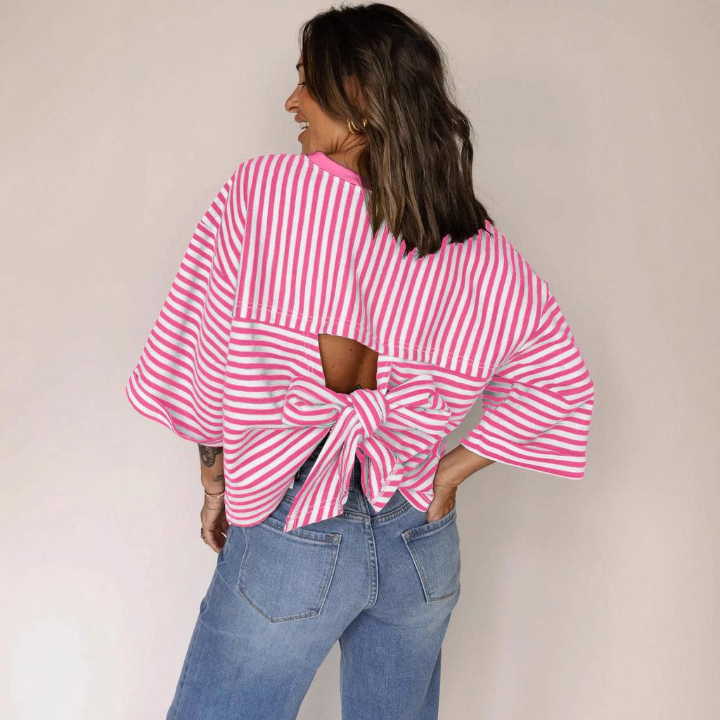 Top de Rayas para Mujer de Corte Holgado con Mangas 3/4, Lazo en la Espalda y Detalles de Encaje