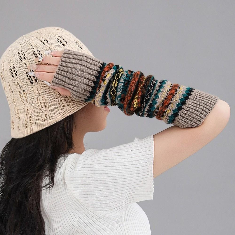 Bohemian Style Knitted Fingerless Sleeves Thickened Warmer Long Cuff Y2K Star Arm Cover Festival