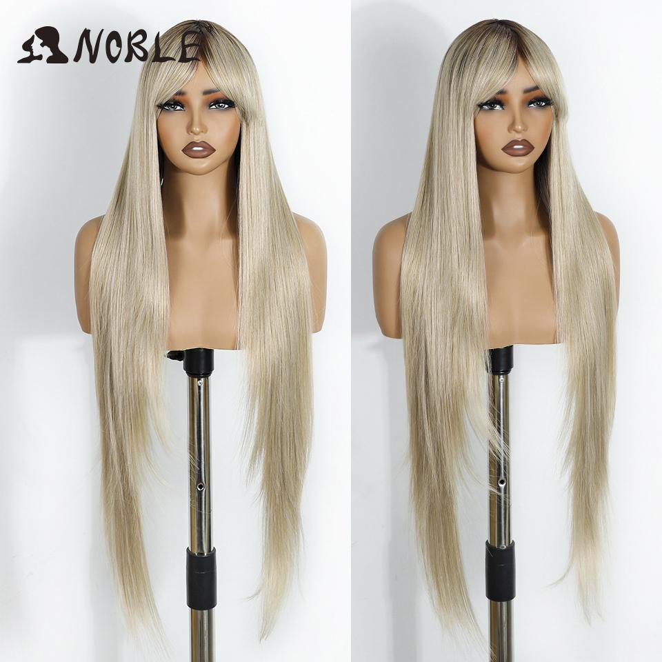 Noble Synthetic Wig With Bangs Long 36 Inch Straight White Wig Ombre Blond Wig Colored Wig Wig For Women Cosplay Wig For Women