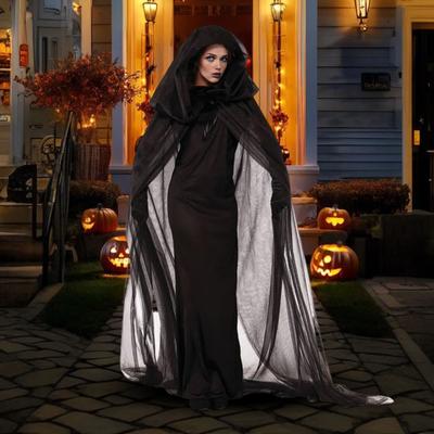 Yousheng Halloween Ghost Cosplay Costume Cloak Adult Hooded Lace-up Full-Length Sheer Cape with Oversized Hood