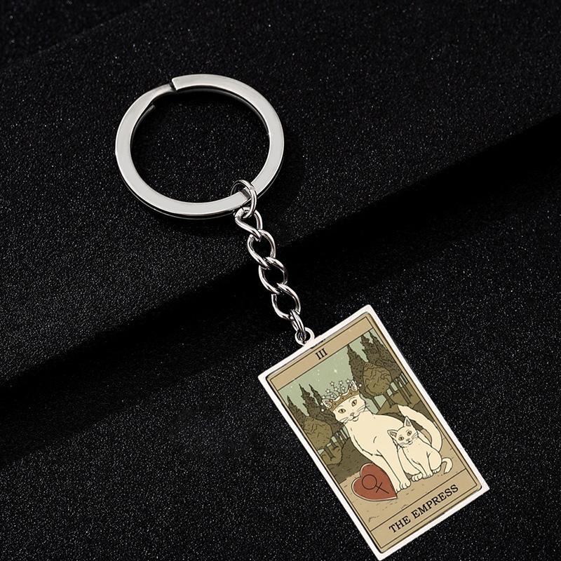 Cute Cat Tarot Card Keychain Vintage Rectangle Epoxy Stainless Steel Pendant Key Chain Animal Divination Jewelry