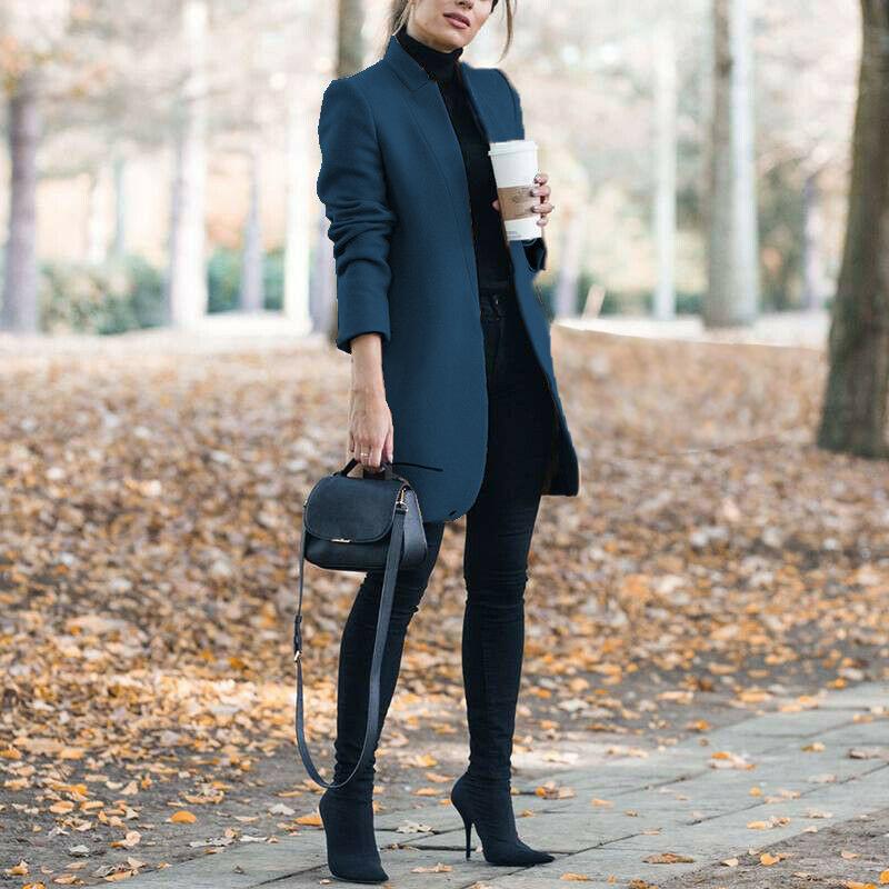 Women's Stand Collar Open Front Pea Coat Casual Winter Warm Mid Long Blazer Trench Coats Overcoat Outerwear Solid Color Woolen Coat