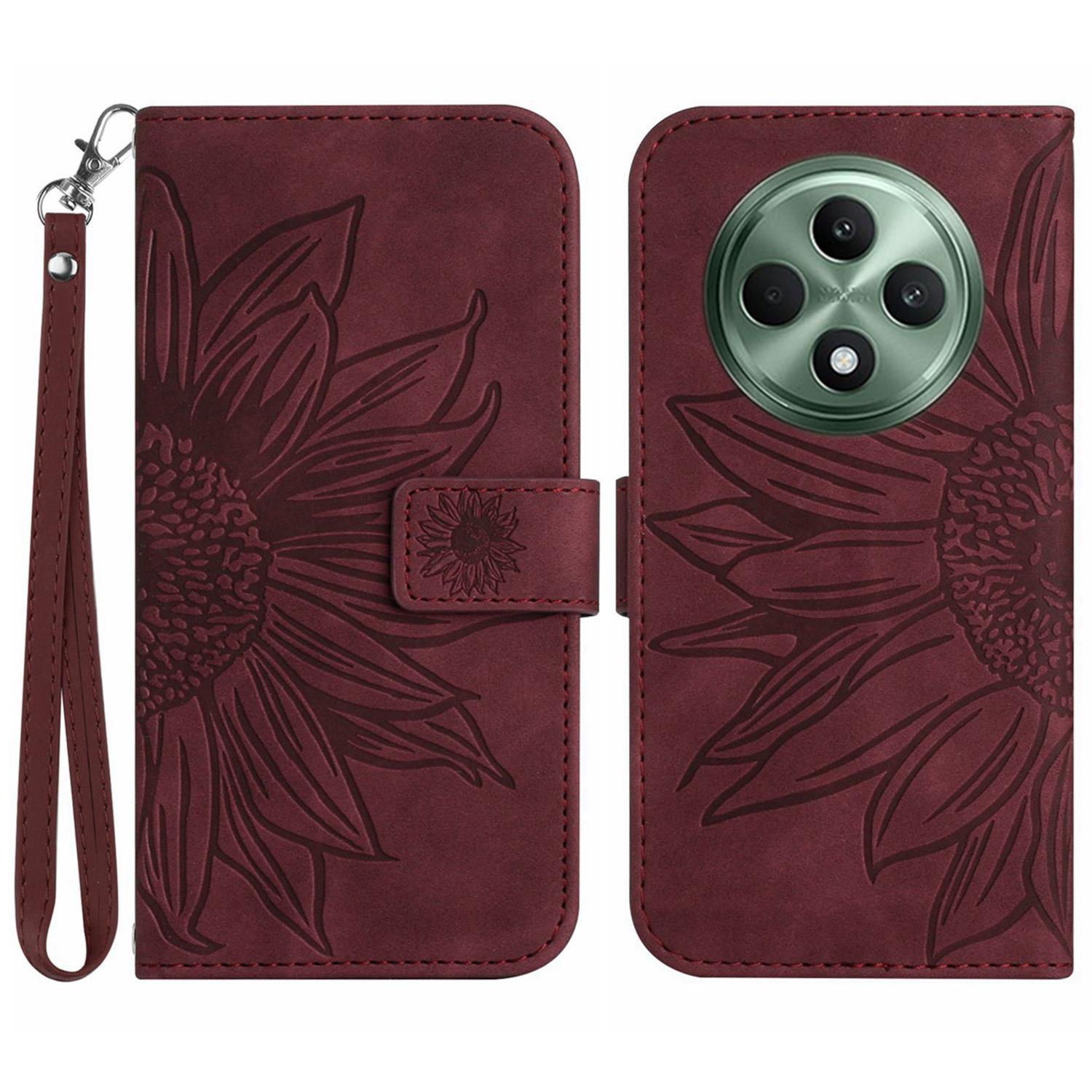

HT04 For Oppo Reno12 F 5G Case Sunflower Flip Leather Phone Cover with Hand Strap Wine Red