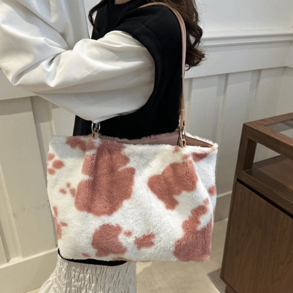 Large Capacity Plush Tote Bag Durable Underarm Bag Fashion Cow Print Shoulder Bag  Winter