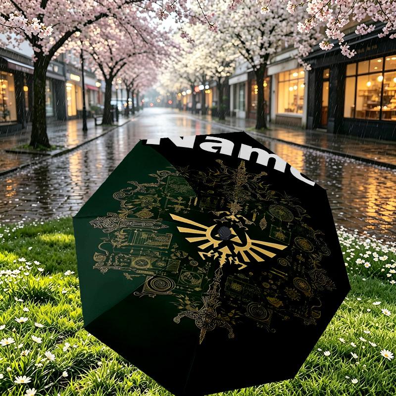Custom Name Personalized The Legend of Zelda Print Umbrella, Auto Open Close, 8‑Rib Sturdy Frame, Commute Camping Hiking Use, Birthday Gift